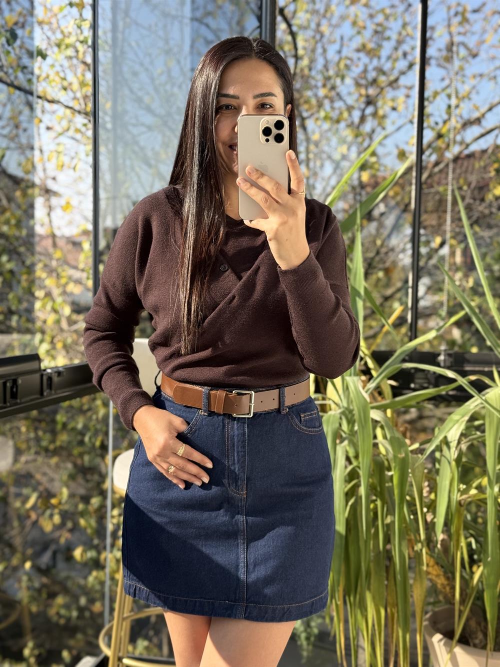 Çift Parçalı Triko Bluz Kahve