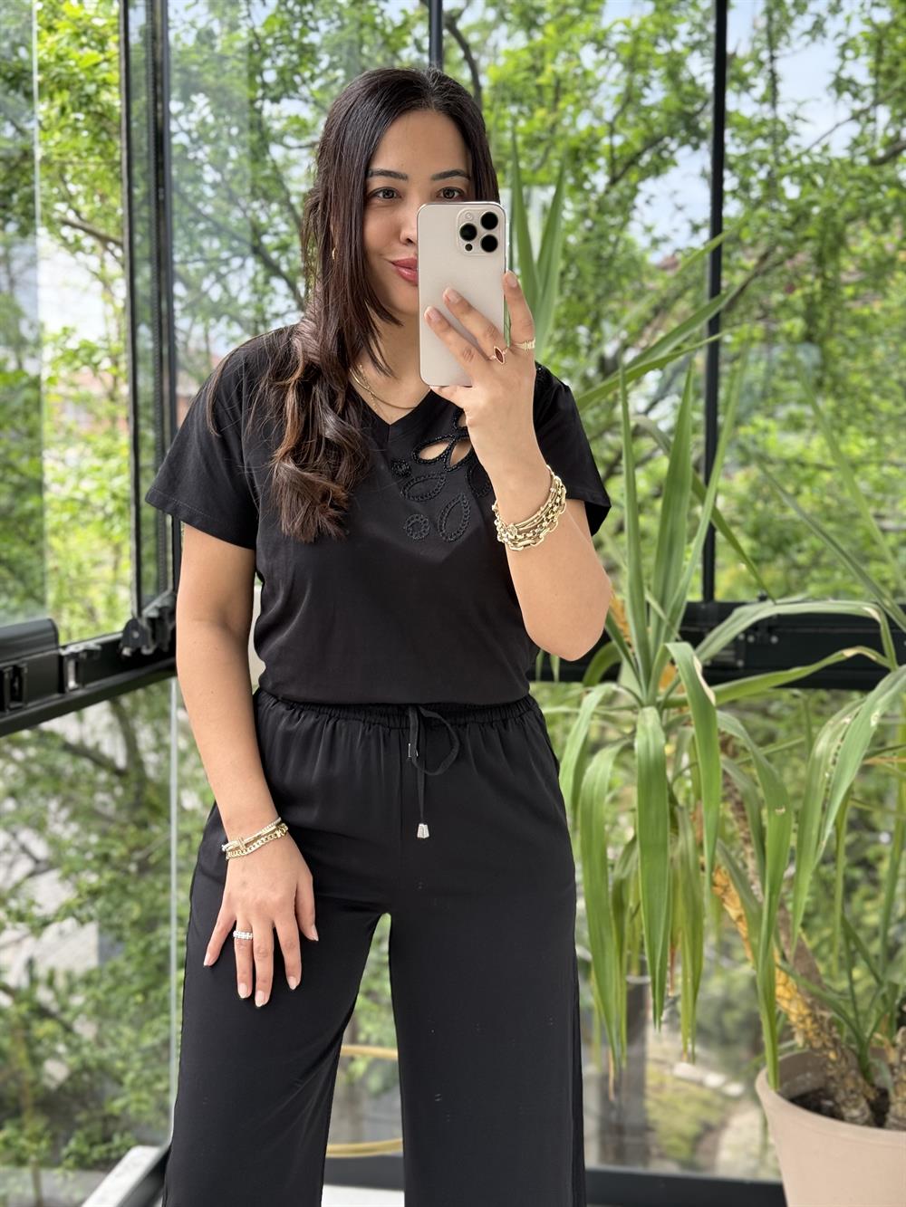 Tek Omzu Lazerli Boncuklu Siyah