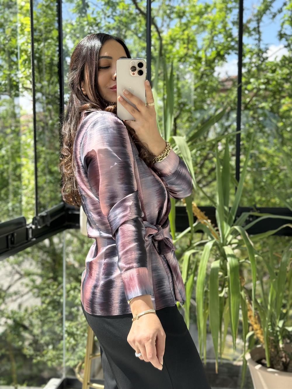 Yandan Bağlamalı Şifon Saten Gömlek Pembe