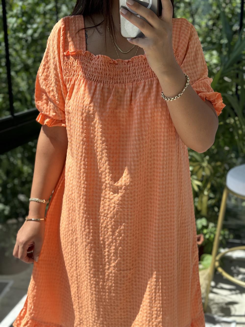 Dama Desen Elbise Turuncu