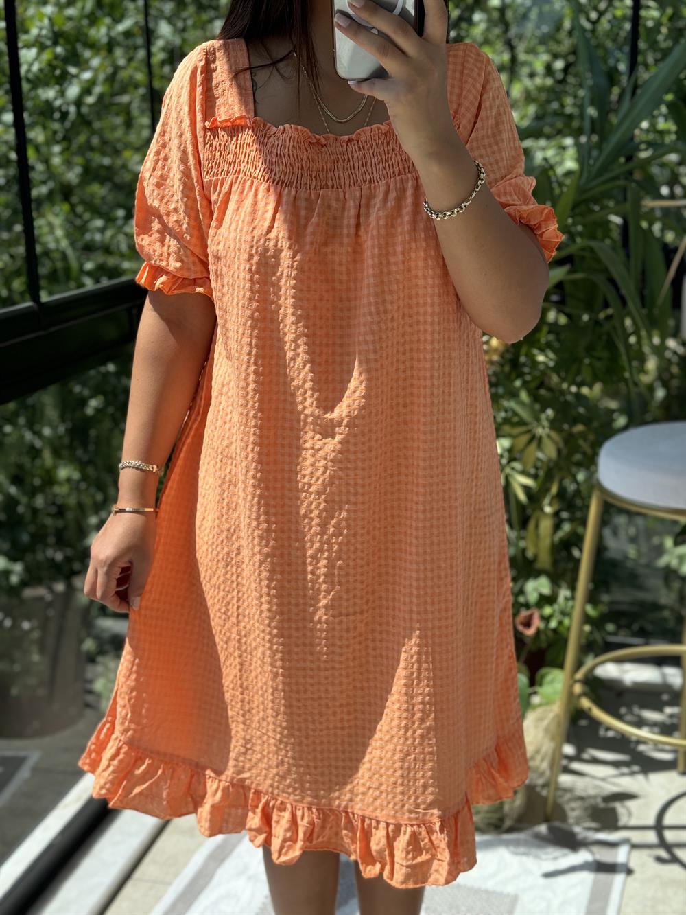 Dama Desen Elbise Turuncu