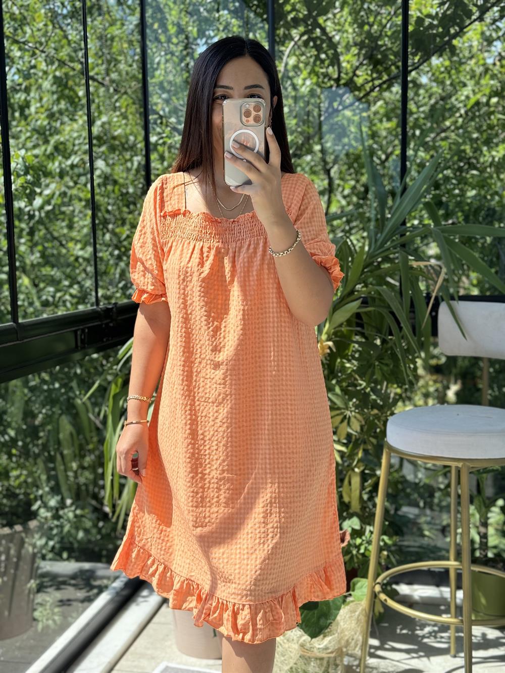 Dama Desen Elbise Turuncu