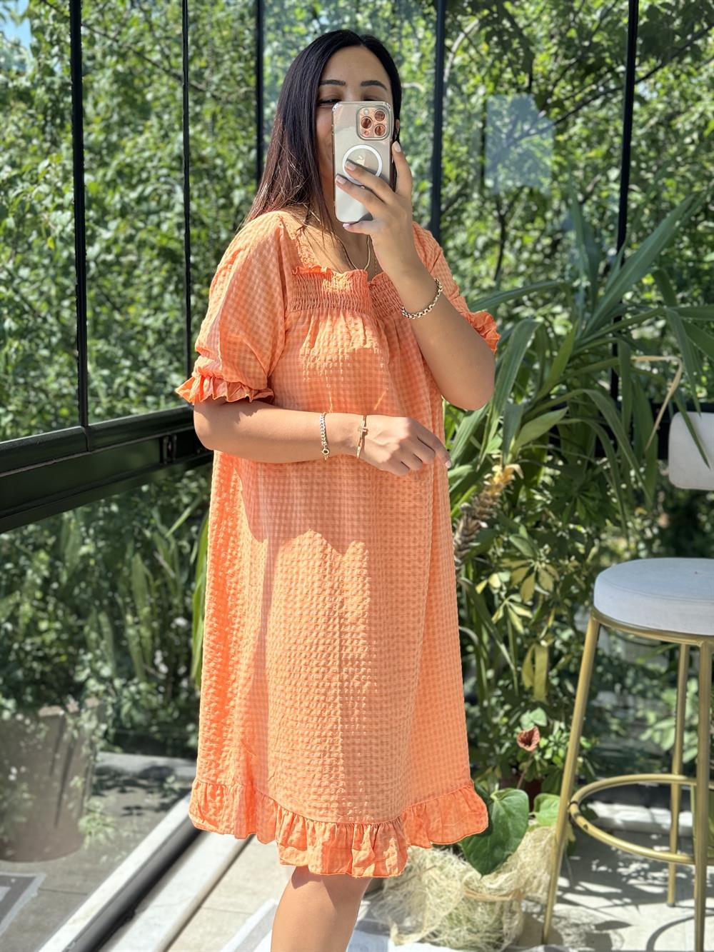 Dama Desen Elbise Turuncu