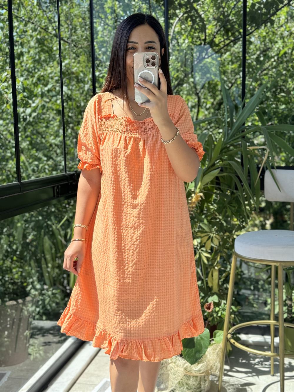 Dama Desen Elbise Turuncu