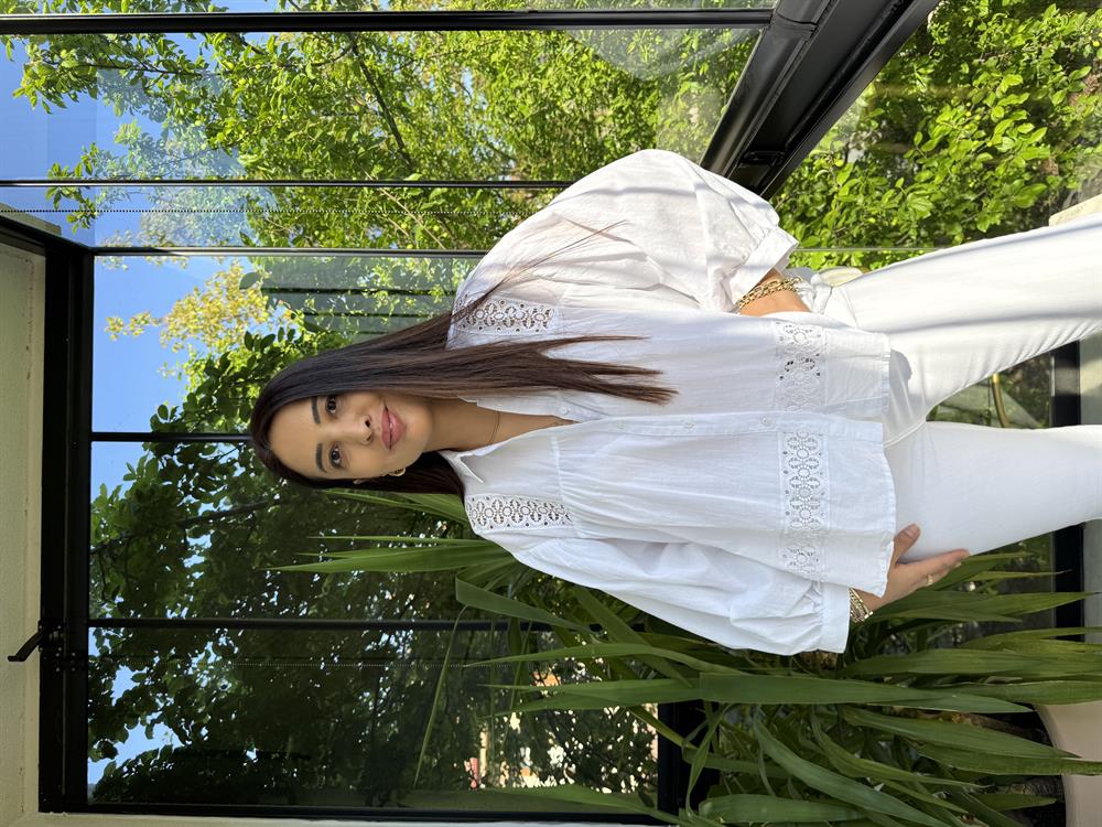 Dantel Detaylı Oversize Gömlek Bluz Beyaz