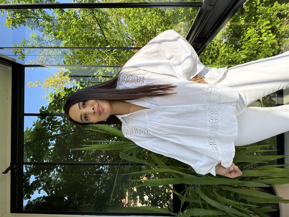 Dantel Detaylı Oversize Gömlek Bluz Beyaz