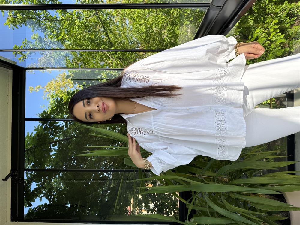 Dantel Detaylı Oversize Gömlek Bluz Beyaz