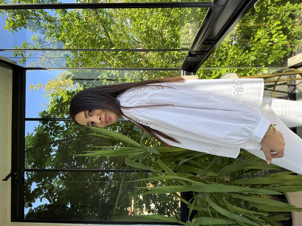 Dantel Detaylı Oversize Gömlek Bluz Beyaz