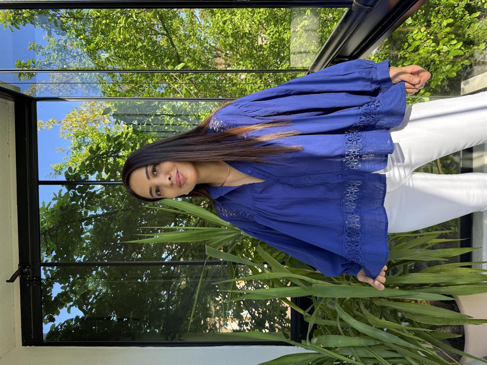 Dantel Detaylı Oversize Gömlek Bluz Parlament Mavi