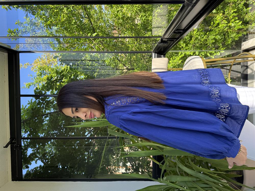 Dantel Detaylı Oversize Gömlek Bluz Parlament Mavi