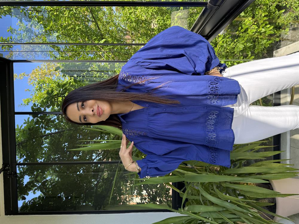 Dantel Detaylı Oversize Gömlek Bluz Parlament Mavi