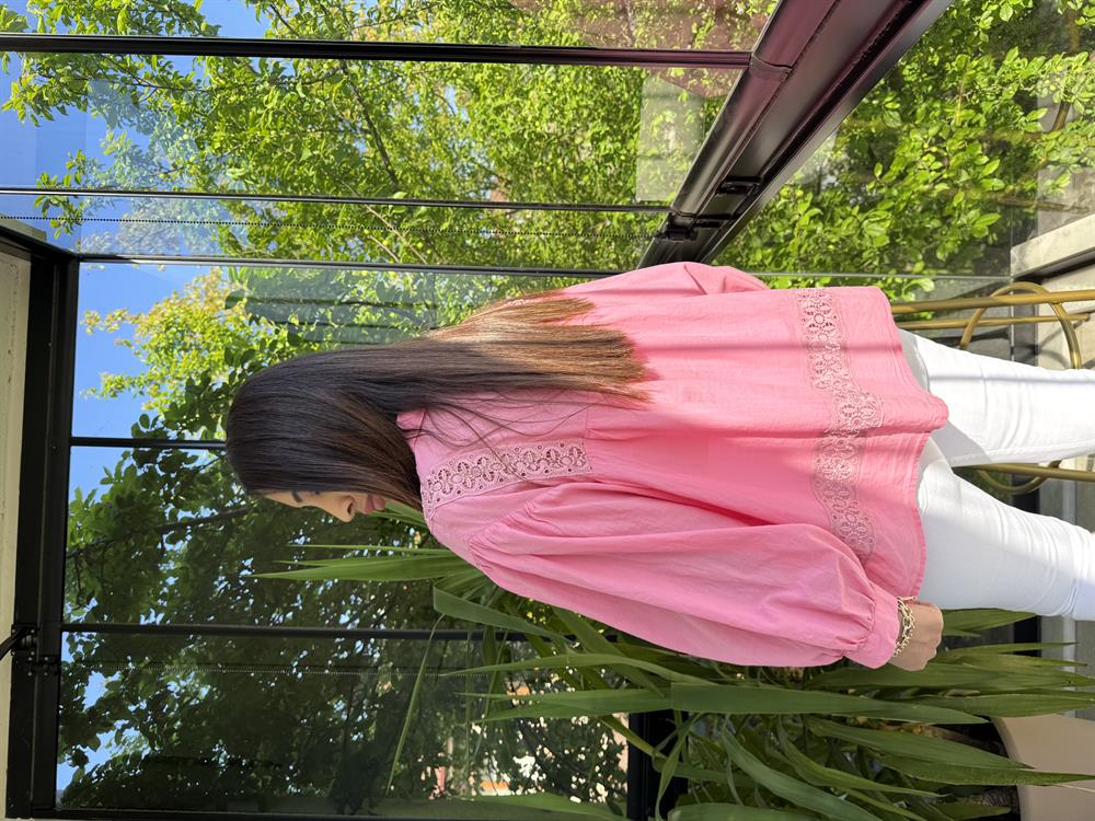 Dantel Detaylı Oversize Gömlek Bluz Pembe