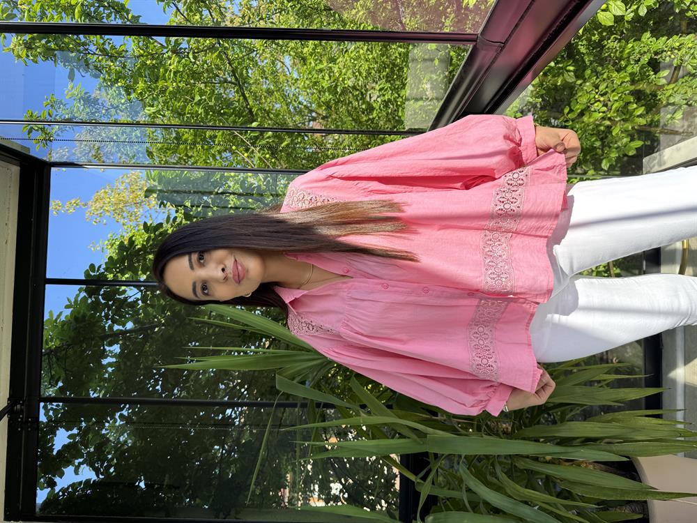 Dantel Detaylı Oversize Gömlek Bluz Pembe