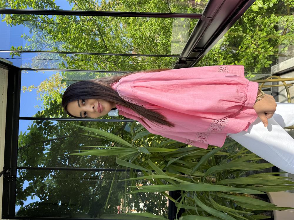 Dantel Detaylı Oversize Gömlek Bluz Pembe