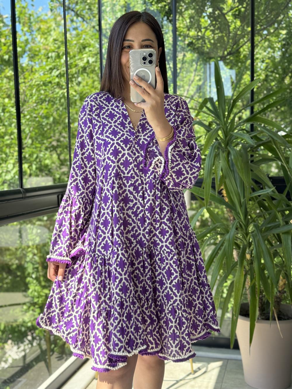 Dantelsiz Ponponlu Elbise Mor