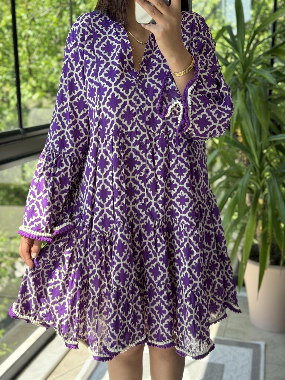 Dantelsiz Ponponlu Elbise Mor