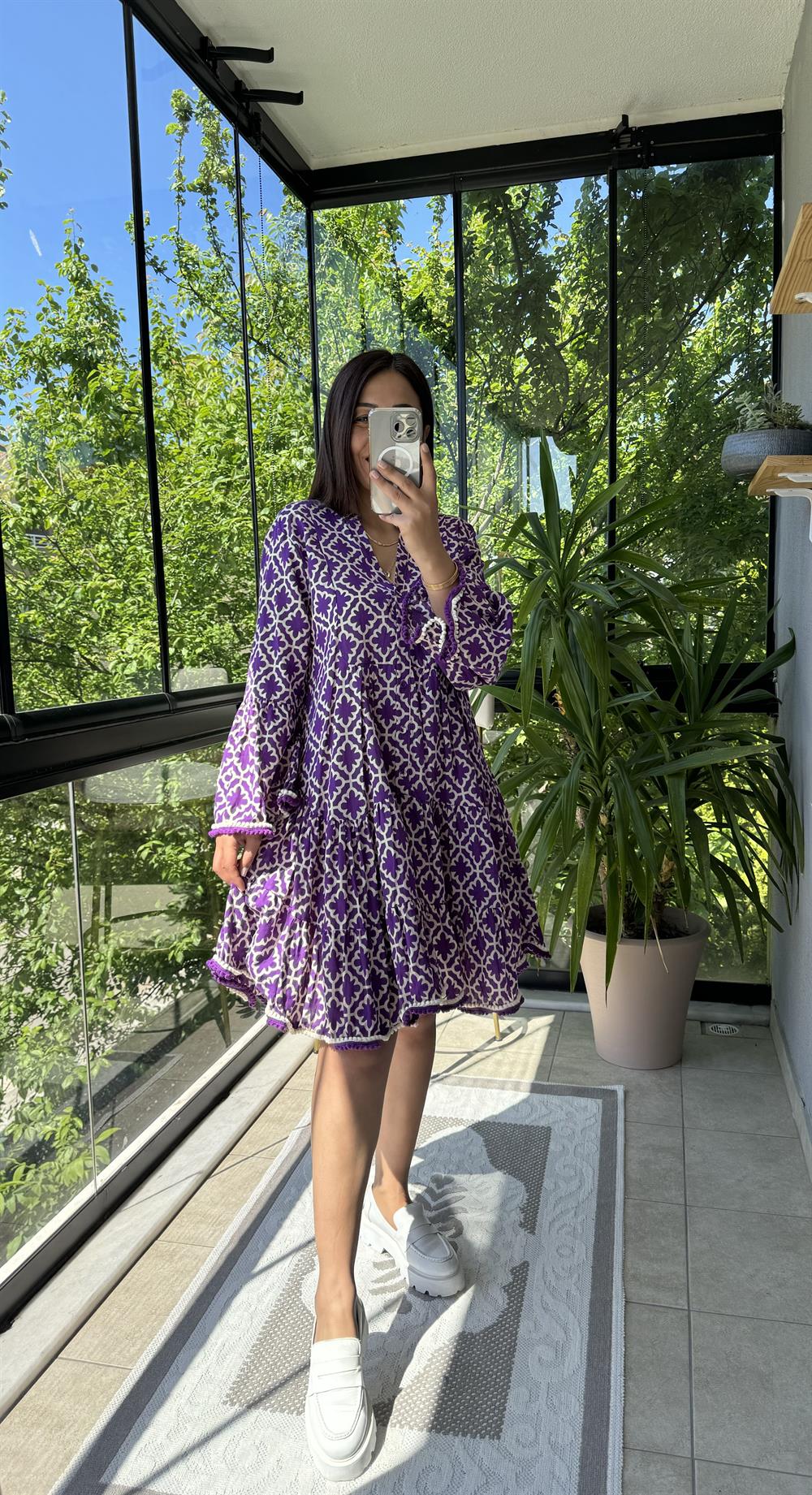 Dantelsiz Ponponlu Elbise Mor