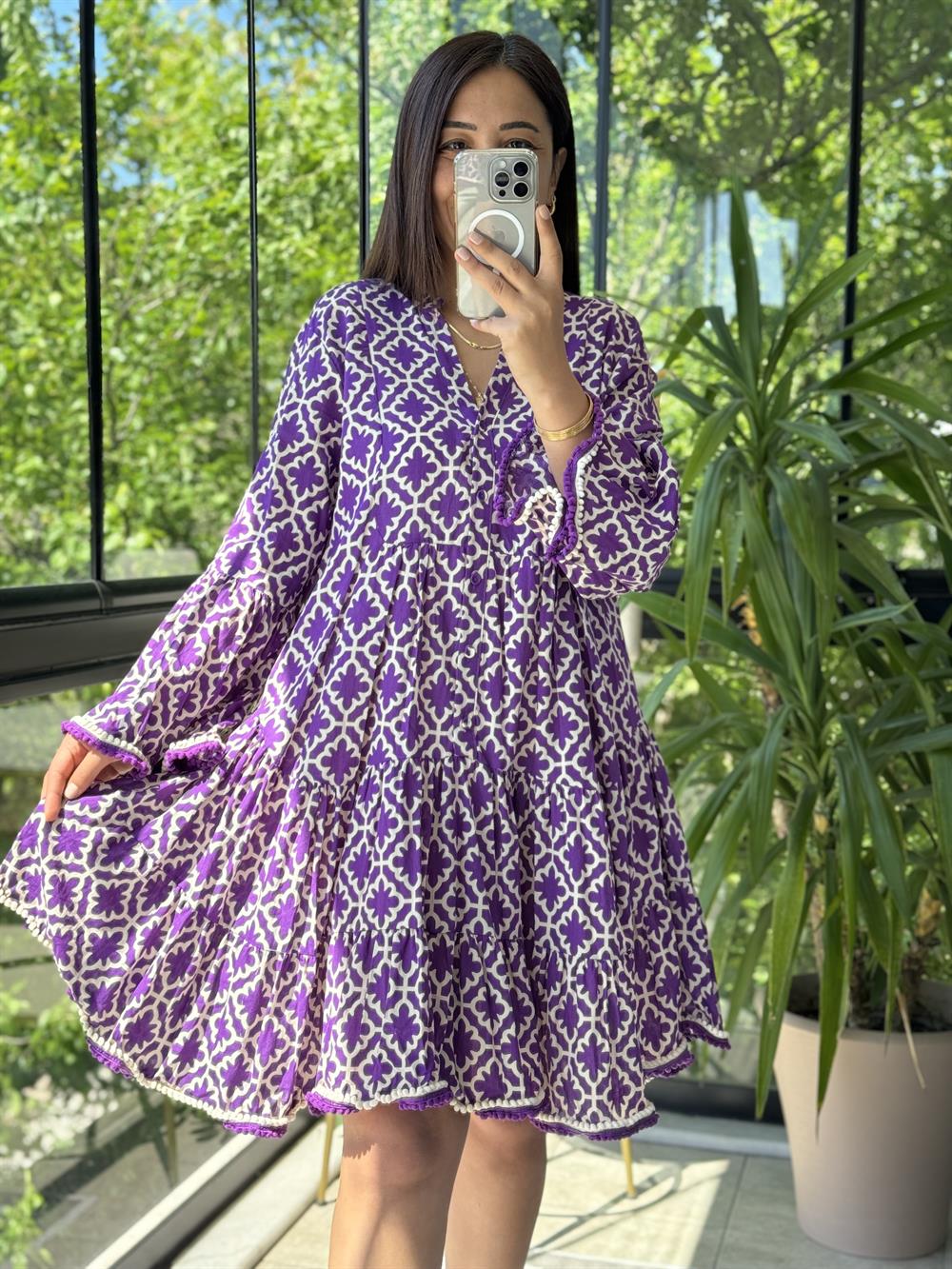 Dantelsiz Ponponlu Elbise Mor