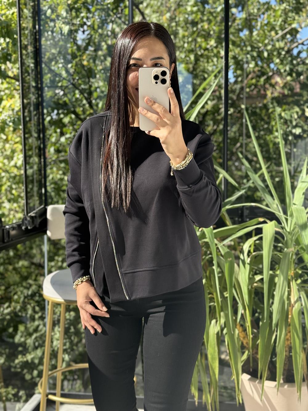 Asimetrik fermuarlı Sweathirt Siyah