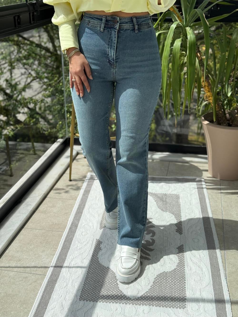 Dekoratif Cep Detaylı Palazzo Kot Pantolon Mavi Yıkama