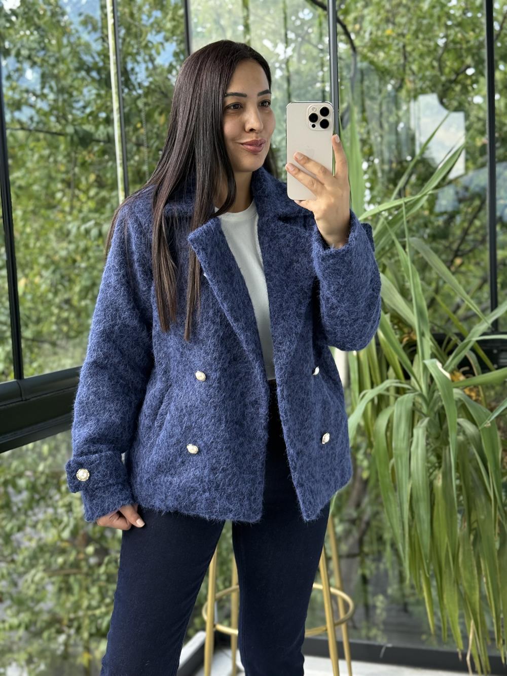 Gold Düğmeli Yün Kaban Ceket Lacivert