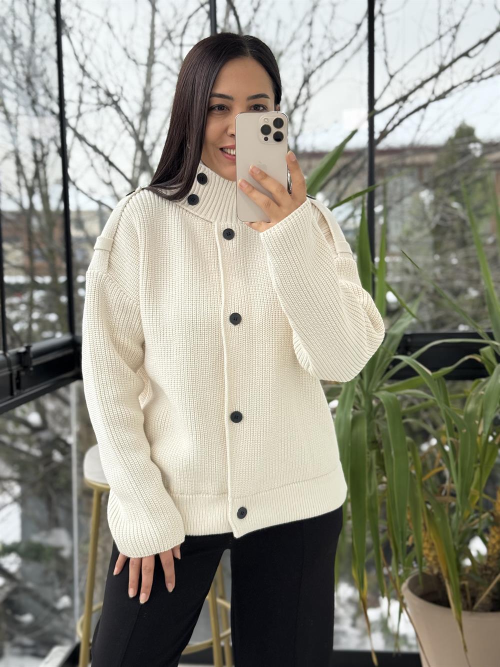 Düğmeli Selanik Örgü Ceket Hırka Krem