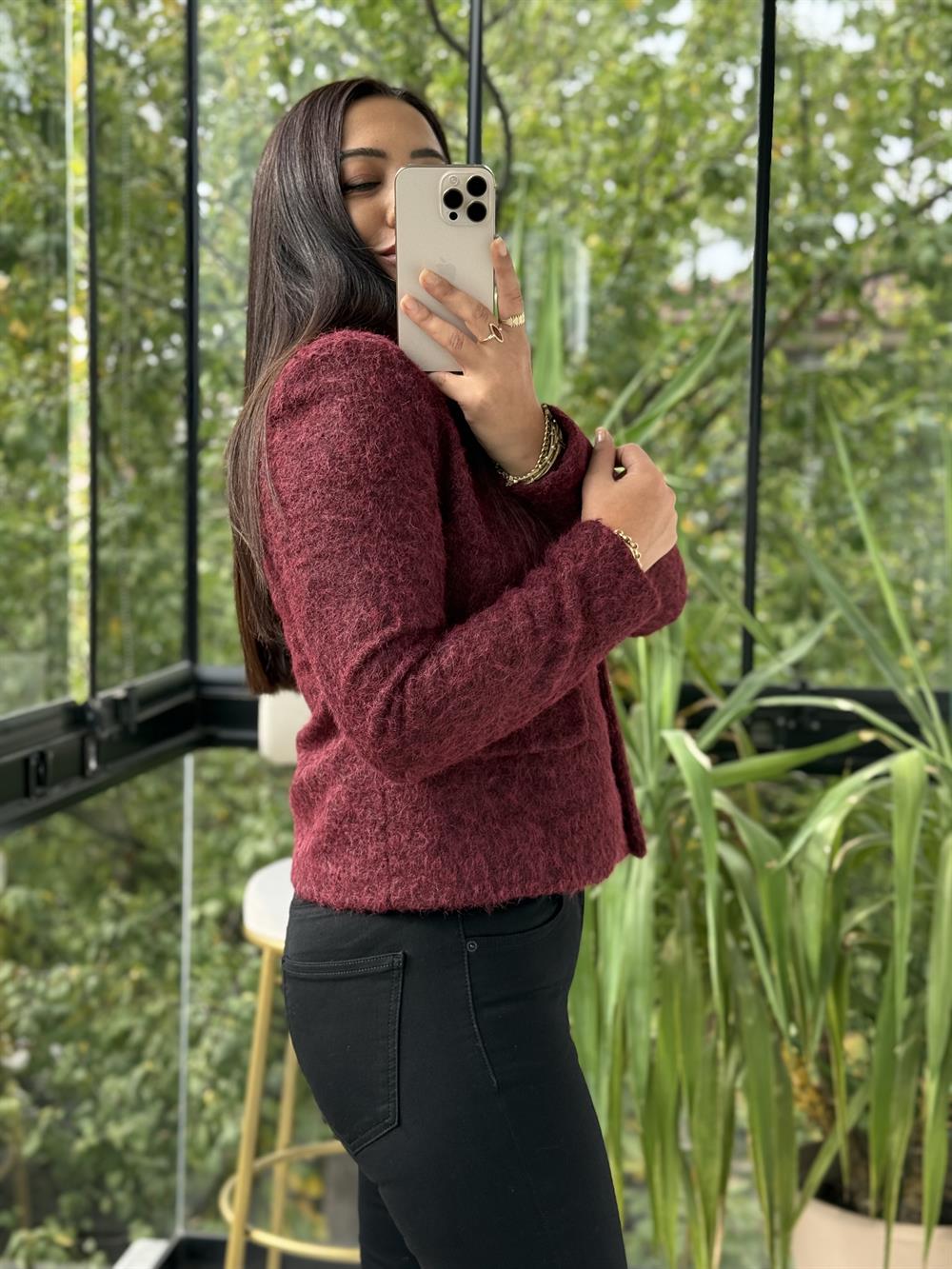 Kısa Gold Düğme Yün Ceket Bordo