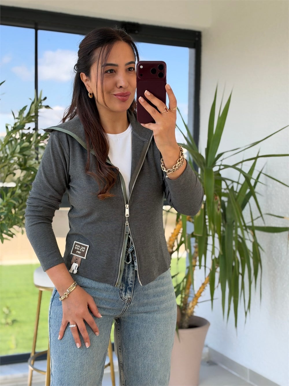 Geniş Yakalı Çift Fermuarlı Hırka Haki Yeşili