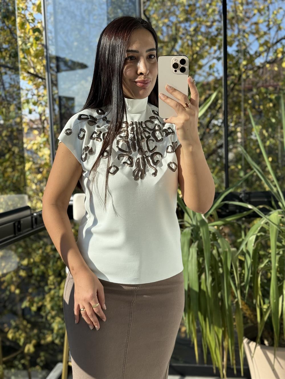 Payetli Modal Bluz Ekru