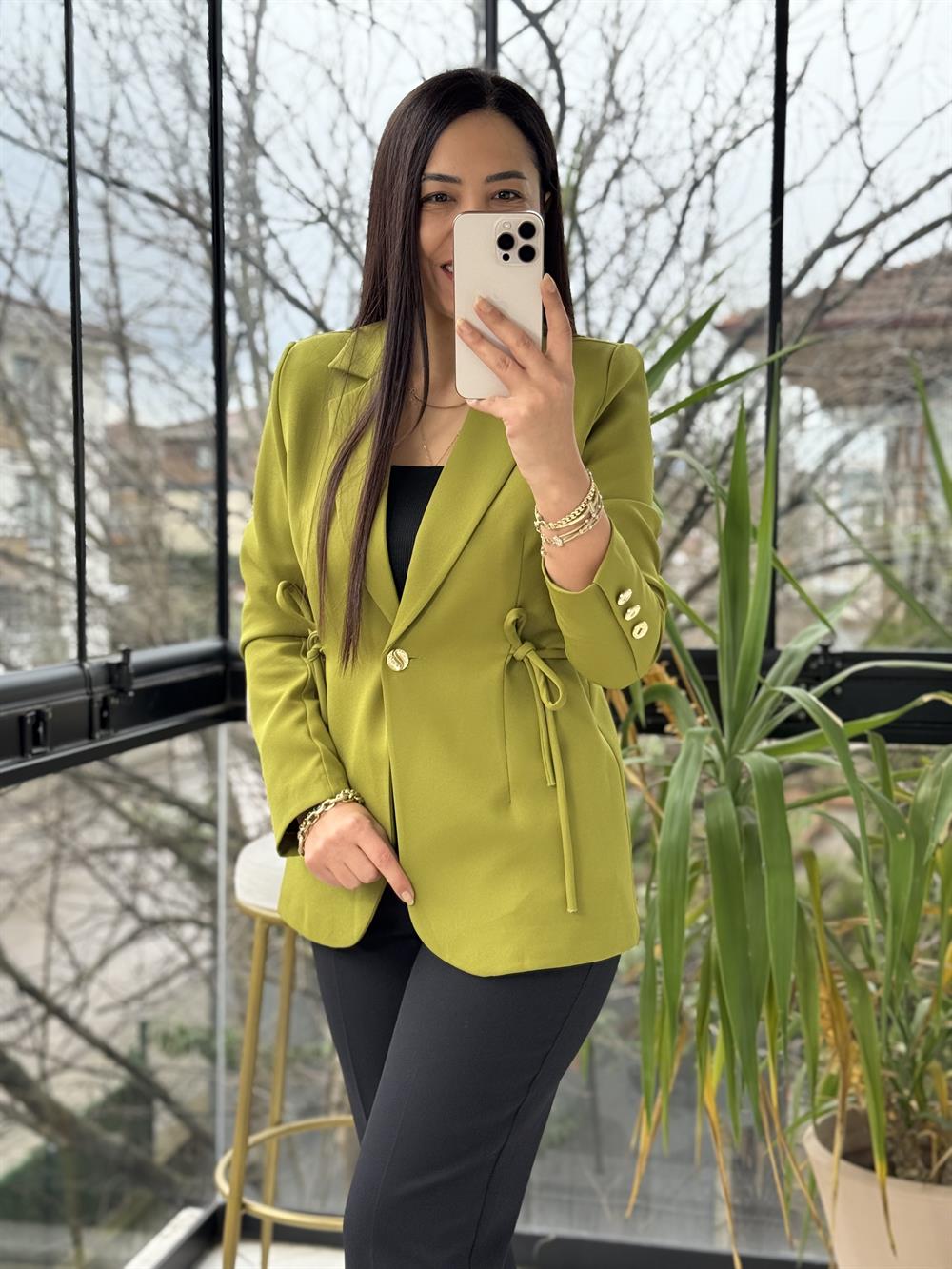 Yanı Bağcıklı Slim Blazer Ceket Kivi Yeşili