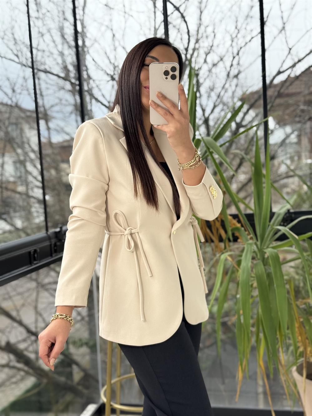 Yanı Bağcıklı Slim Blazer Ceket Taş