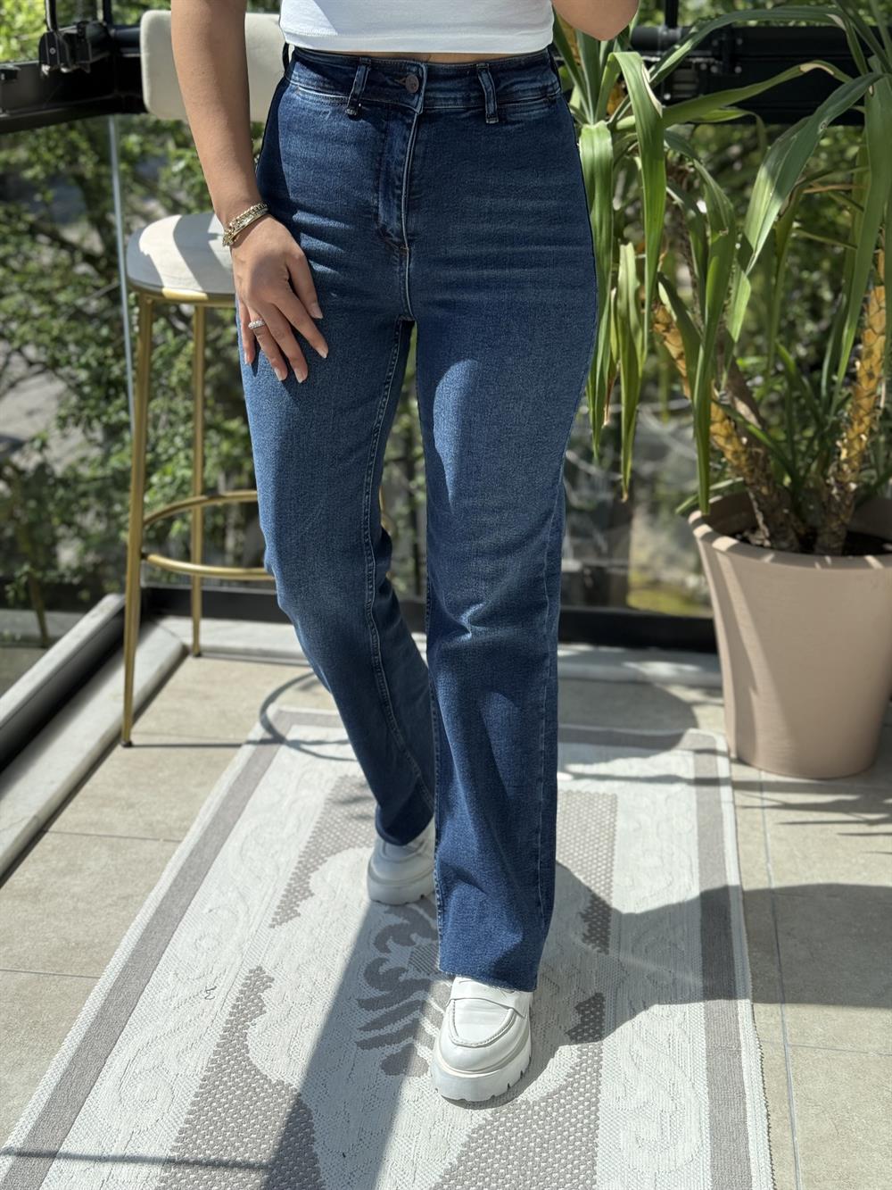 Dekoratif Cep Detaylı Palazzo Kot Pantolon Mavi