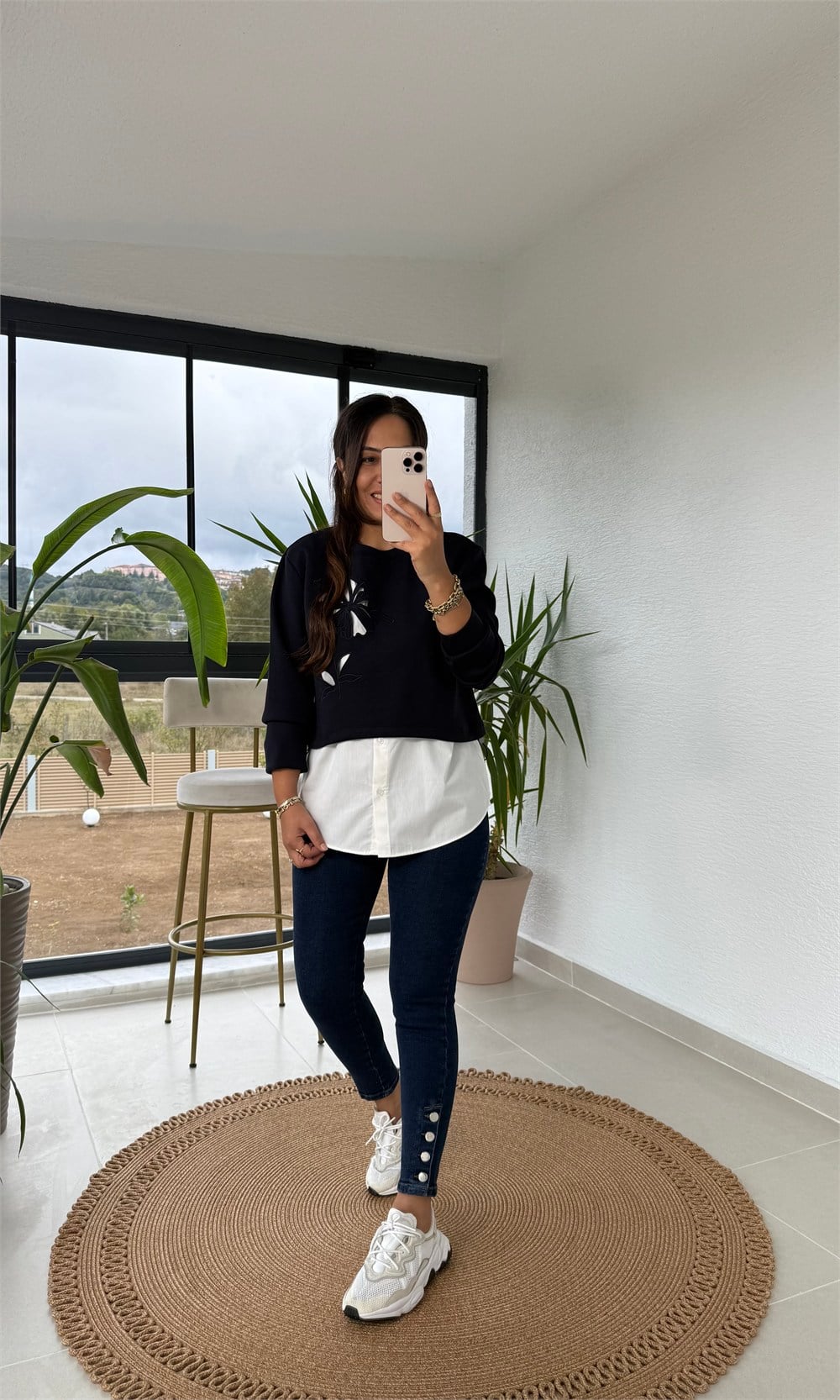 Nakışlı Gömlekli Sweatshirt Lacivert