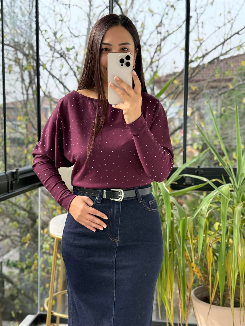 Full Taşlı Kayık Yaka Bluz Mürdüm