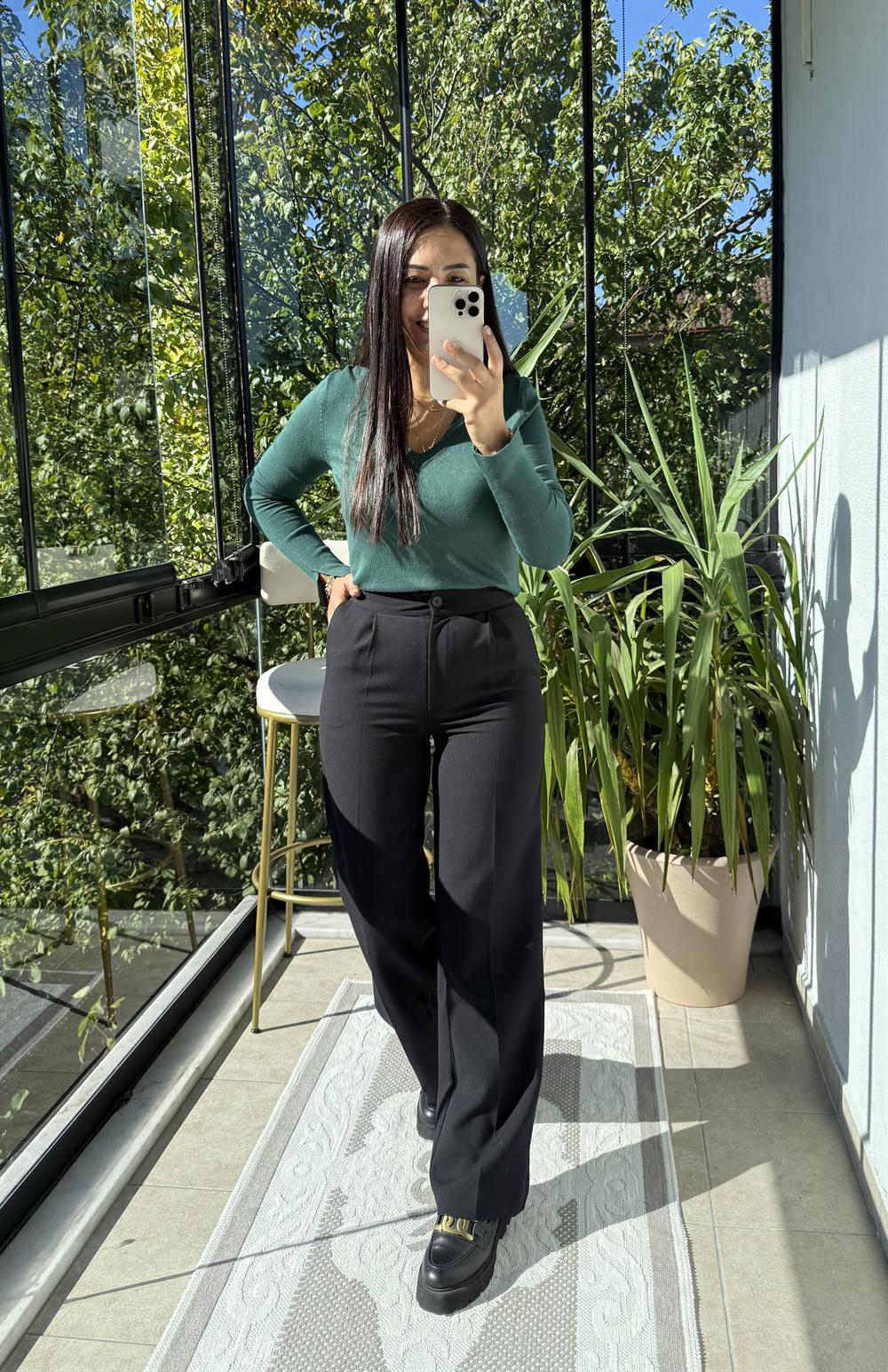 Arka Beli Lastikli Palazzo Kumaş Pantolon Siyah