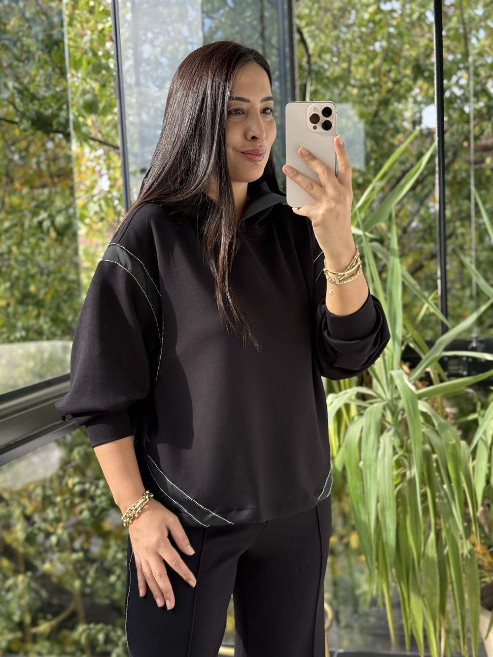 Taşlı Şeritli Takım Siyah