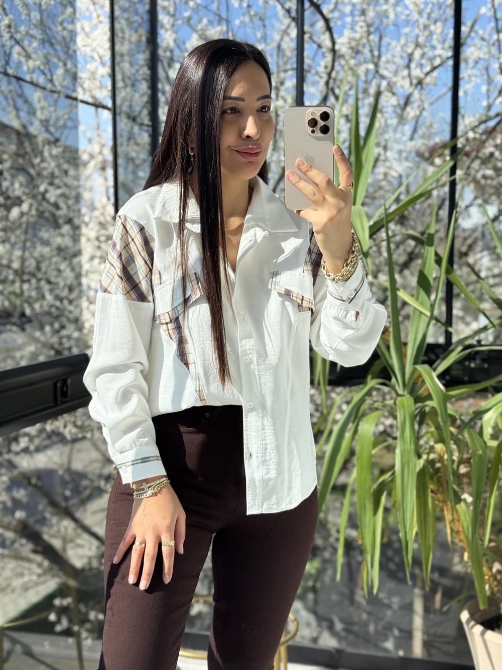 Ekose Garnili Gömlek Ekru