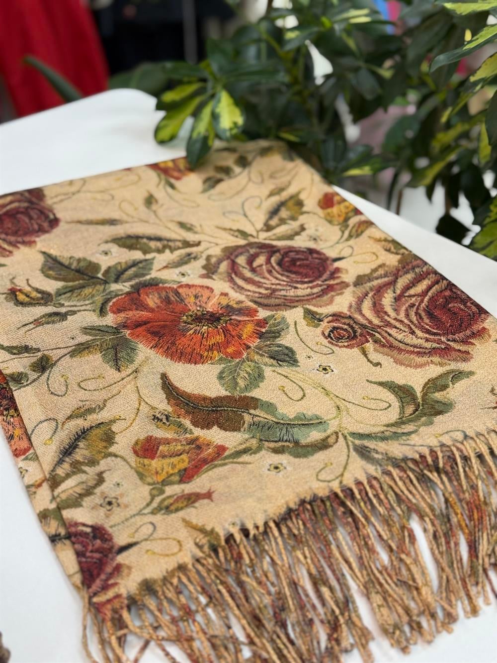 İthal Kaşmir Doku Marka Şal İnce Bej