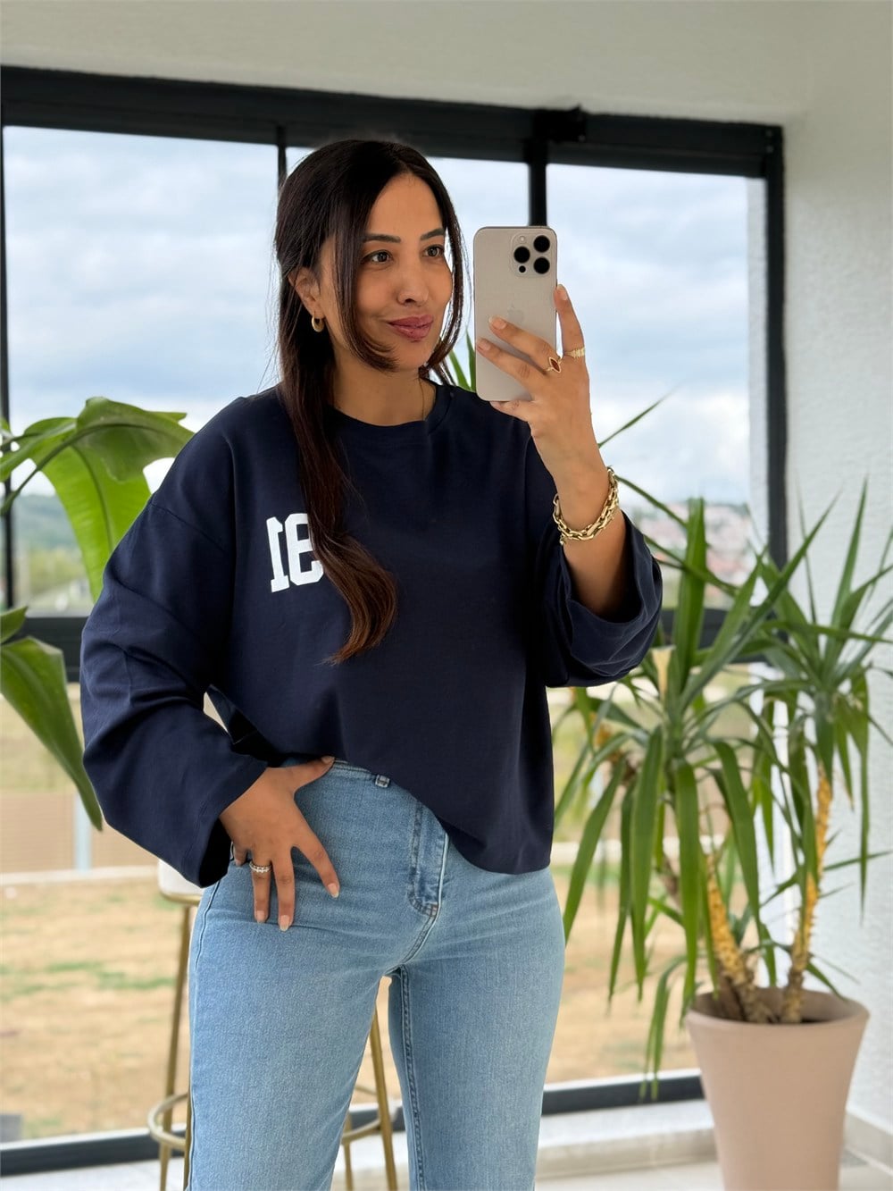 91 Baskılı Basic Sweatshirt Lacivert