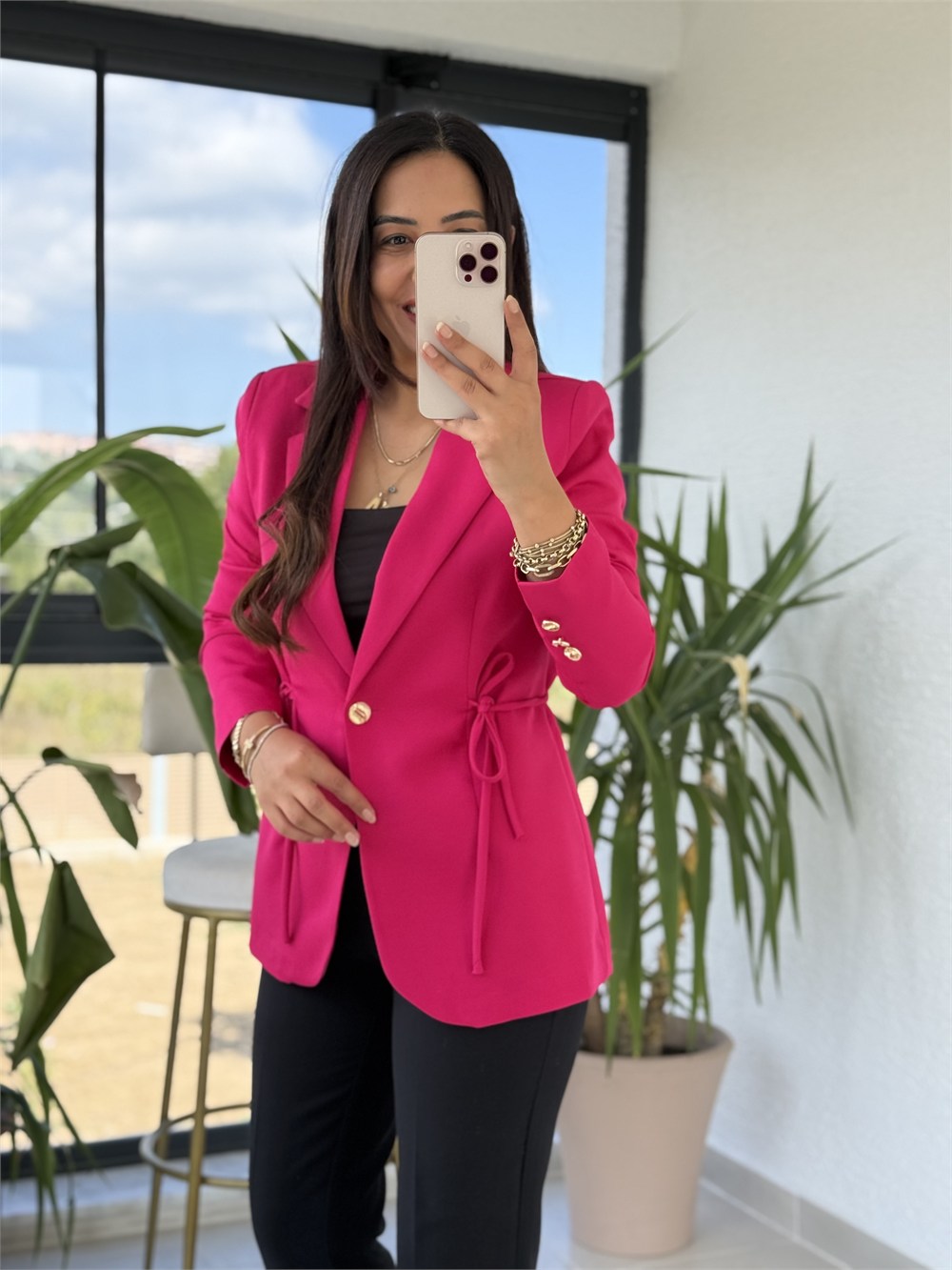 Yanı Bağcıklı Slim Blazer Ceket Fuşya
