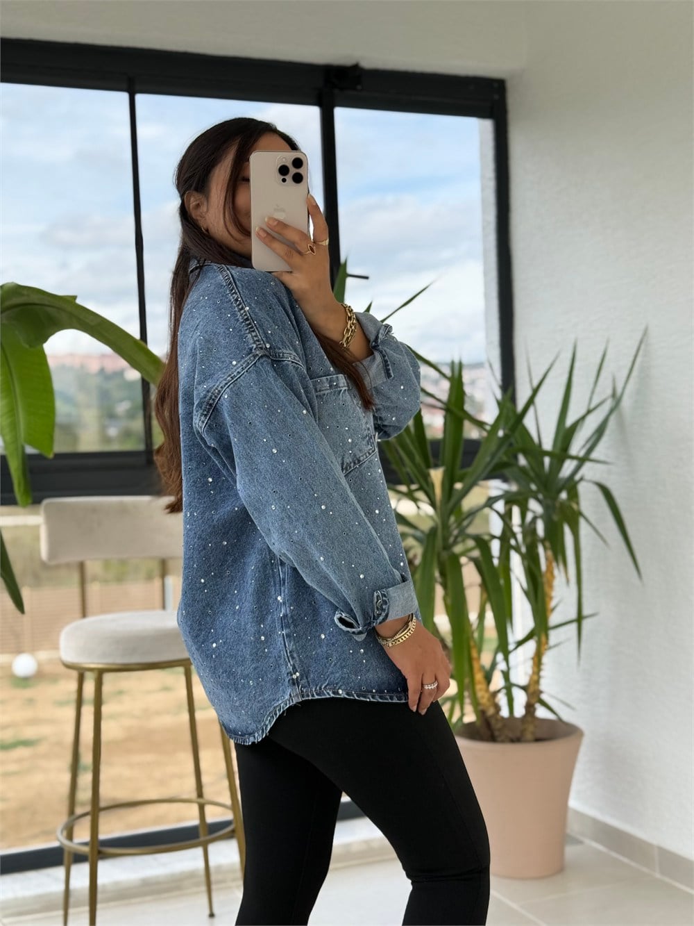 Zra Model Taşlı Denim Gömlek Mavi