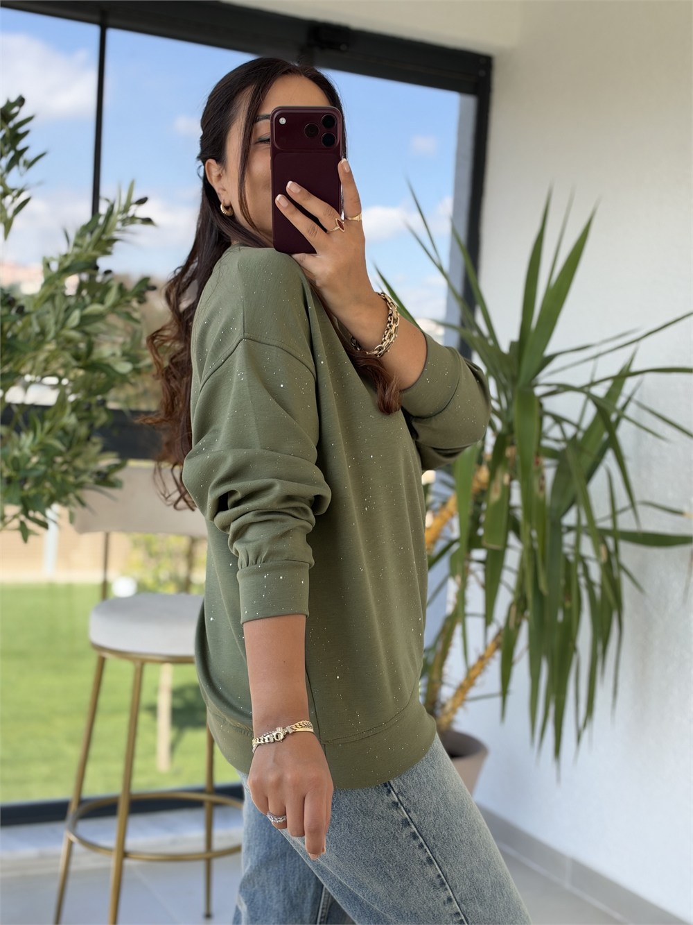 Simli Oysh Sweatshirt Haki Yeşili