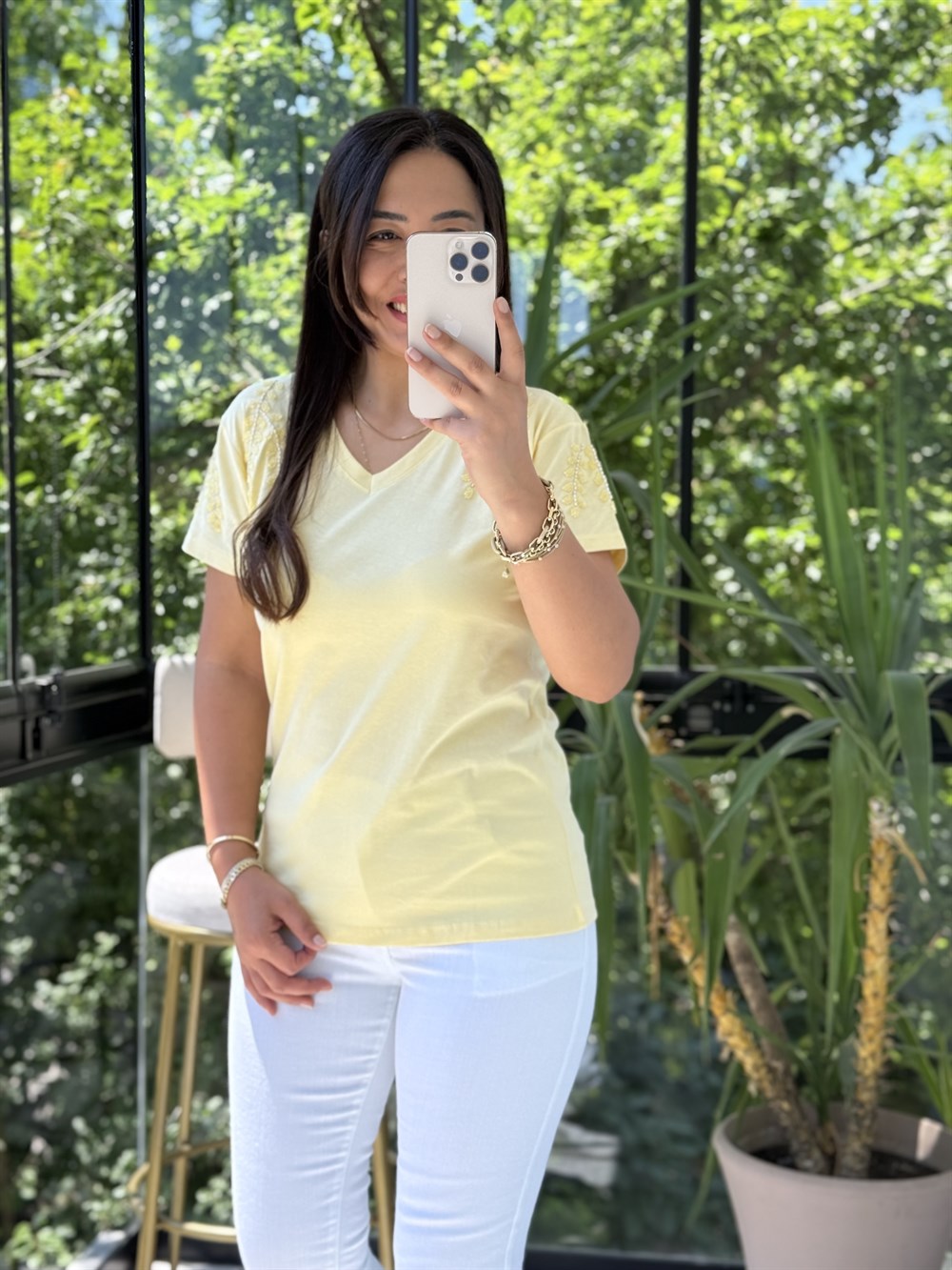 Flora Boncuk Detaylı Tişört Sarı