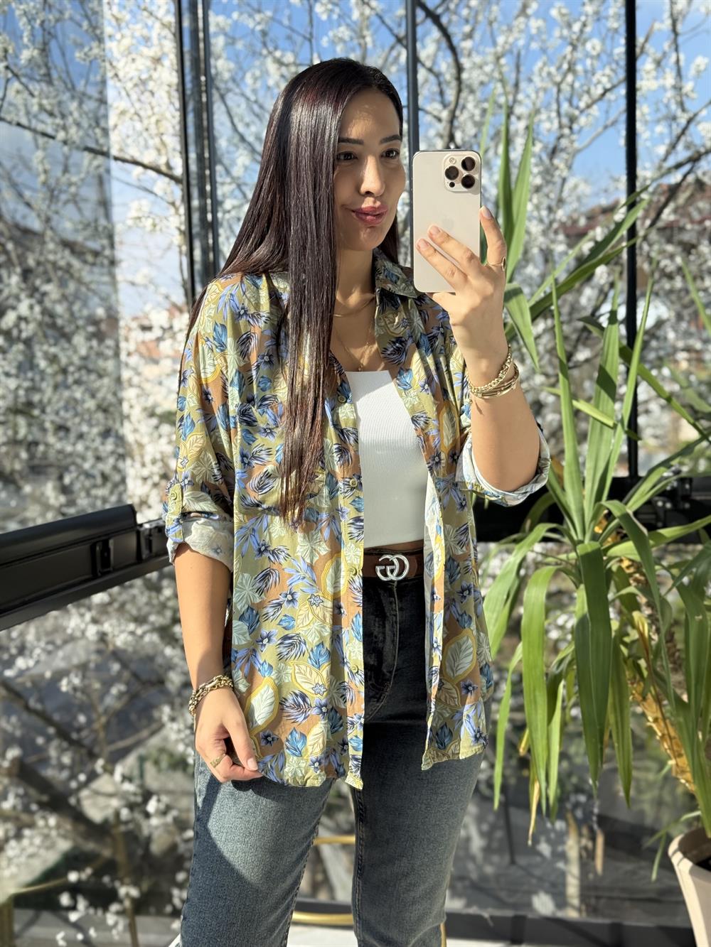 Yaprak Desenli Pamuklu Gömlek Haki Yeşili