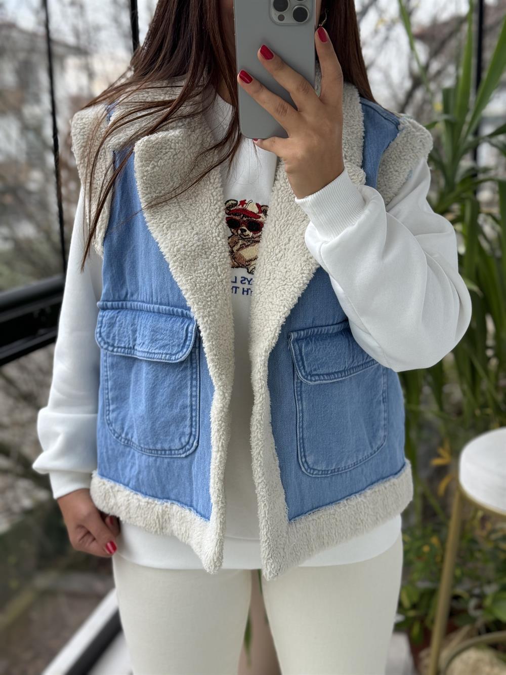 Denim Kürk Yelek Mavi