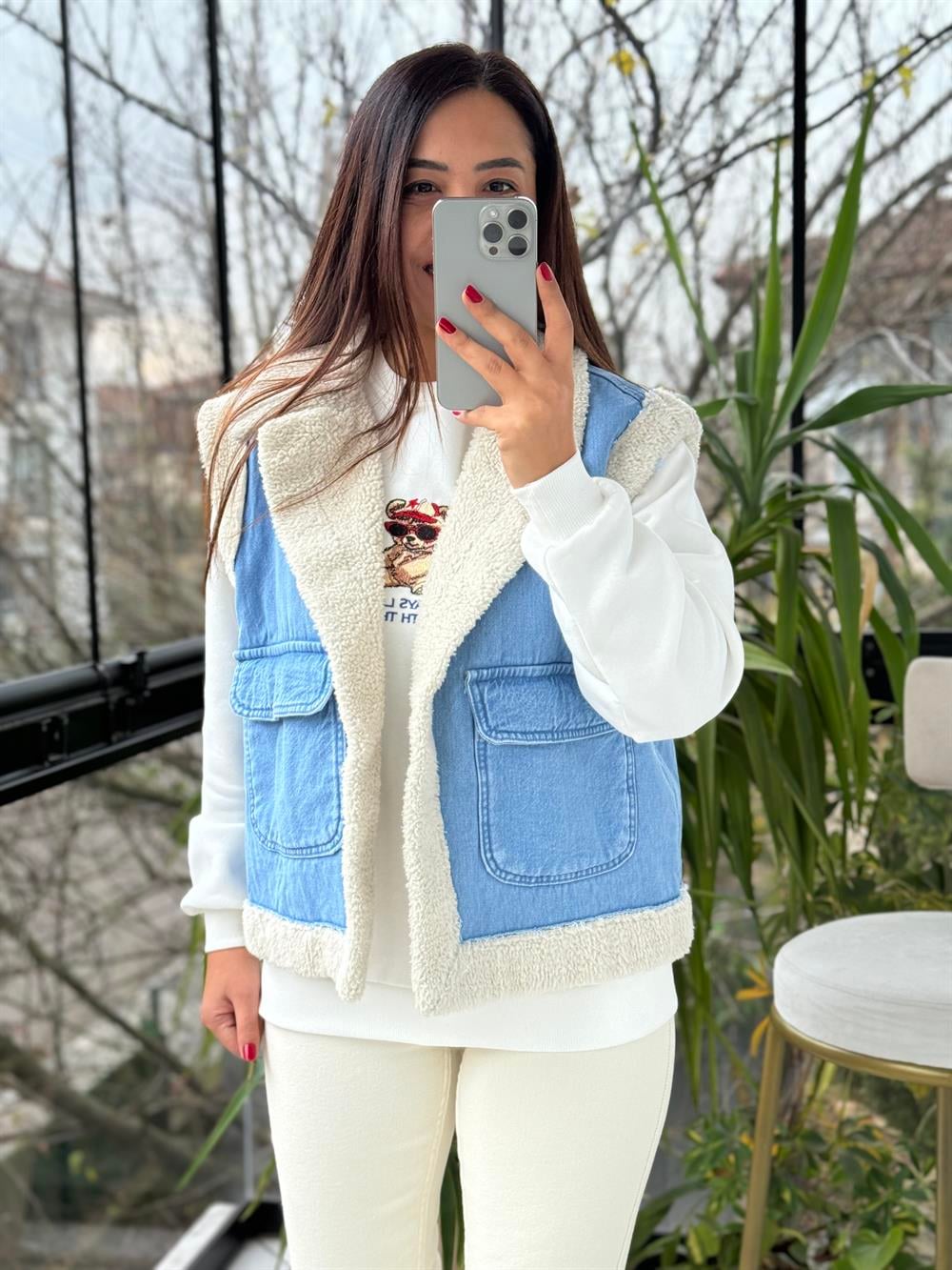 Denim Kürk Yelek Mavi