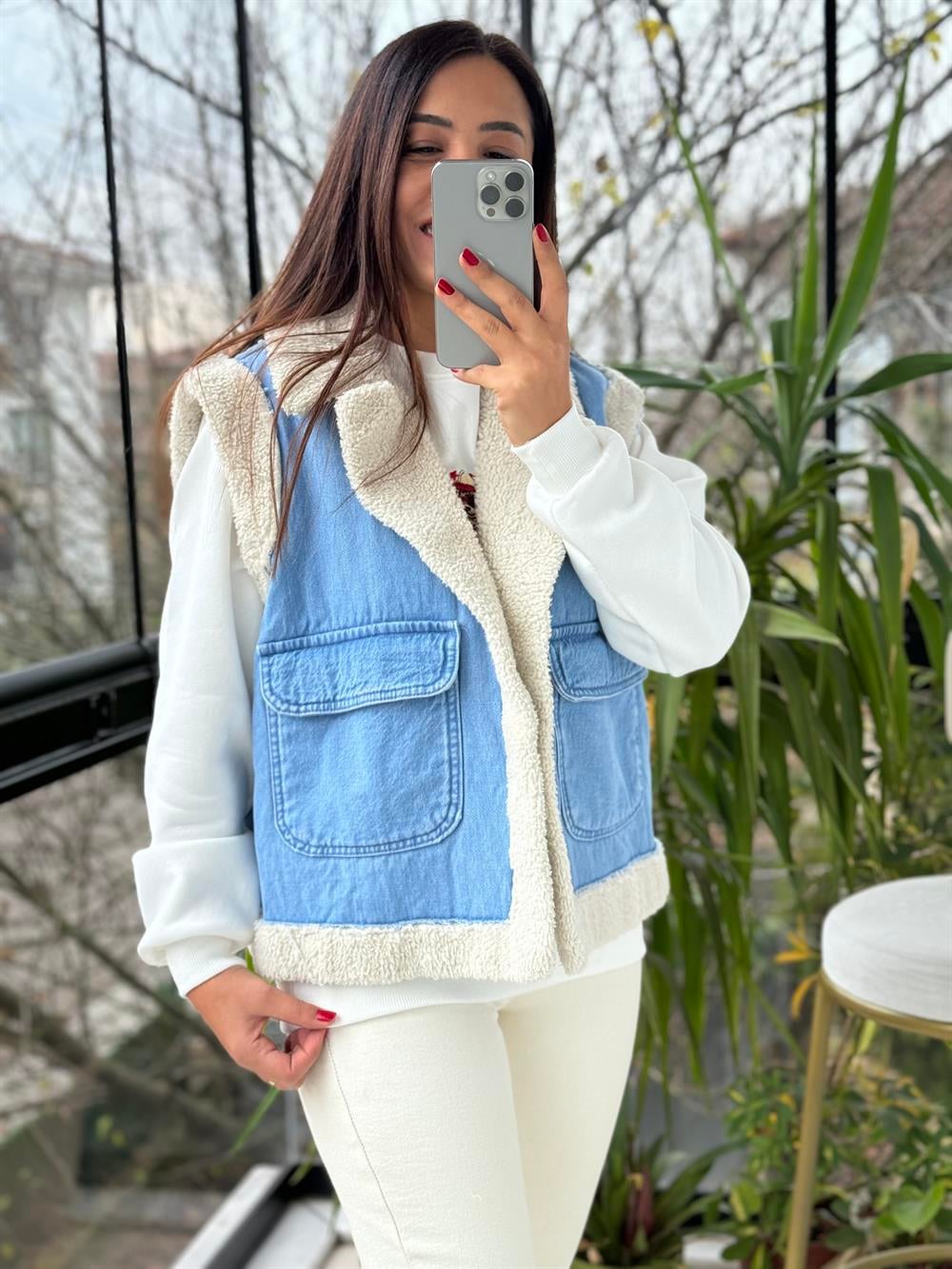 Denim Kürk Yelek Mavi