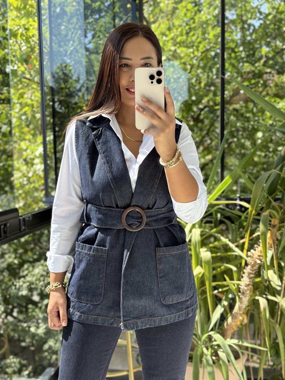 Denim Kuşaklı Yelek Lacivert