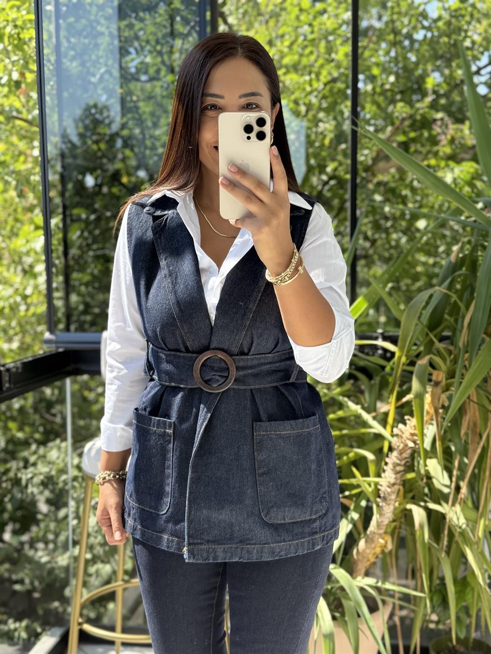 Denim Kuşaklı Yelek Lacivert