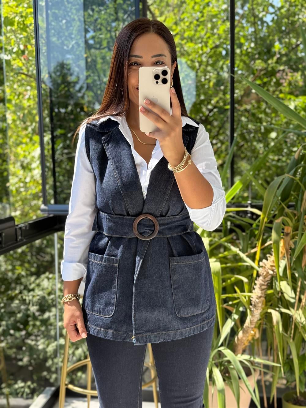 Denim Kuşaklı Yelek Lacivert